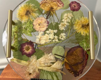 Bandeja de resina floral, flores prensadas, decoración para el hogar