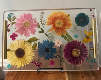 Bandeja de resina floral, flores prensadas, decoración para el hogar