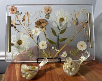 Bandeja de resina floral, flores prensadas, decoración para el hogar