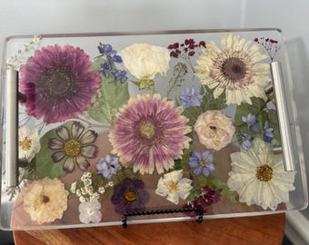 Bandeja de resina floral, flores prensadas, decoración para el hogar