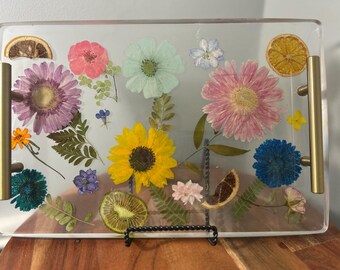 Bandeja de resina floral, flores prensadas, decoración para el hogar