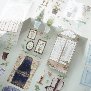 Winter Plant House Washi Tape, Sample 100cm one loop, Watercolor plant For Daily Junk Journal For Gift Planner, Scrapbook Supplies -S88