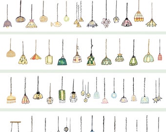 May include: A collection of watercolor illustrations of various pendant lights. The designs include a fish, floral, and geometric shapes, with a range of colors like yellow, green, pink, and blue. Each light hangs from a thin black wire.