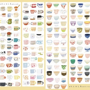 May include: A collection of illustrated stickers featuring various mugs and bowls. The mugs and bowls are in different colors and patterns, including floral, striped, and polka dot designs. The stickers are arranged in vertical rows on a yellow background.