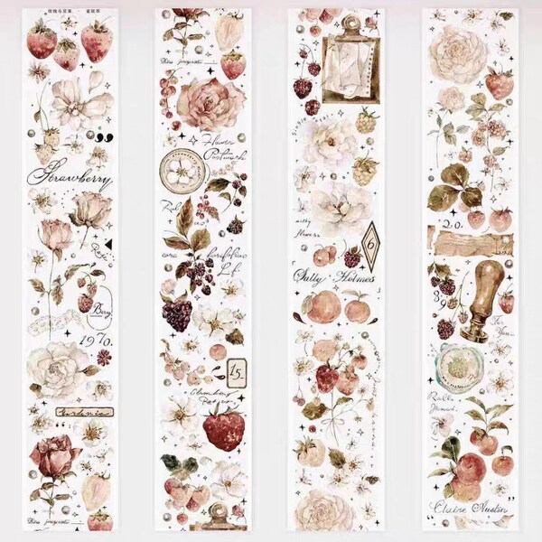 Roses and Berries PET Tape, Whole Roll or Sample Tape 100cm one loop, Daily Journal, Scrapbook Supplies-S26