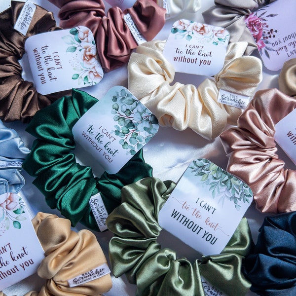 Multicolored Silk Satin Scrunchies with Tie the Knot Tag - Bridesmaid Proposal Box Gift ideas
