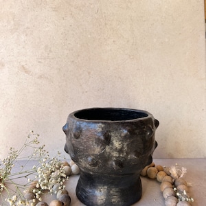 May include: A black ceramic planter with a textured, knobby surface. The planter has a wide, round opening and a slightly flared base.