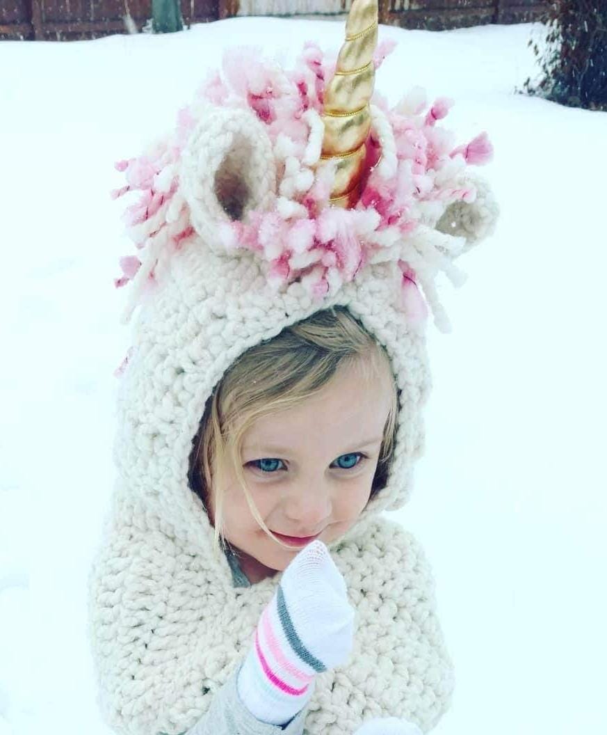 Crochet Unicorn Hood with Maine and Gold Horn, Pink Mane, Chunky Yarn (Winter Gift)