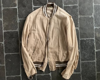 True Vintage Thrashed Faded Sanforized Cotton Bomber Jacket 40s 50s 60s Deer Creek Distressed Letterman Varsity Coach Coat Ribbed Discolor
