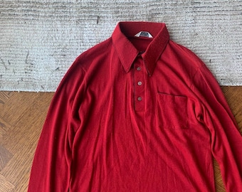 Vintage Permanent Press Wool Pullover Polo Rugby Pullover Rot Quarter Button Strick Shirt Orlon Acryl Schurwolle 70er 80er 1970er VNTG M