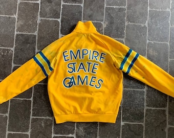 80s Vintage NY Empire State Games Over Dyed Track Jacket S M 1980s Tracksuit Sports Coat 1980s Yellow Dyed Custom Handmade Broderick USA