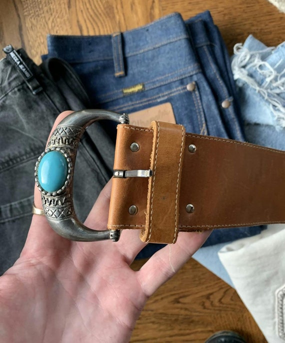 Vintage Western Leather Belt Concho Turquoise Sto… - image 1