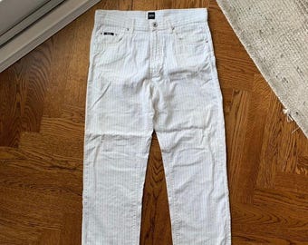 ヴィンテージ ヒューゴ ボス パンツ ピンストライプ パンツ ホワイト ジーンズ ヴィンテージ ヒューゴ ボス ジャクソン 1990 年代 ヴィンテージ ホワイト デニム 縦縞 34 幅 34x27
