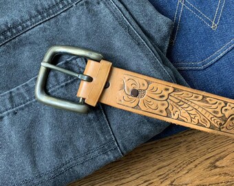 Vintage 70s Boho Hippie Tooled Leather Belt Vintage 70s Hippie Boho Hand Tooled Embossed Genuine Leather  main image 3