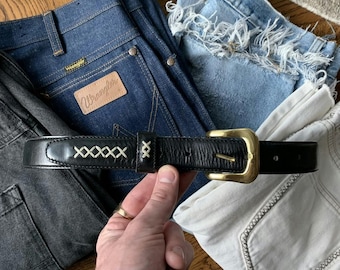 Vintage Black Leather Belt Stitched Distressed Gold 31 Mens Embroidered Stitched Embroidery Used 60s 70s Brass Buckle XXX Custom Stitch