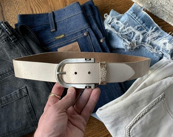 Vintage Cracked Leather Belt Y2K 2000s H&M Margiela Silver MM H and M Retro White Distressed Worn Faded Metal Buckle Belt Large Big Used