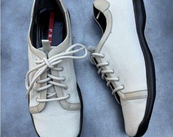 S/S 2000 Prada Sport Sneakers Vintage Prada Square Toe Sport Shoes Beige Canvas 90s 3864 Womens Size 7 Lace Up 1990s Red Line Rare Sporty
