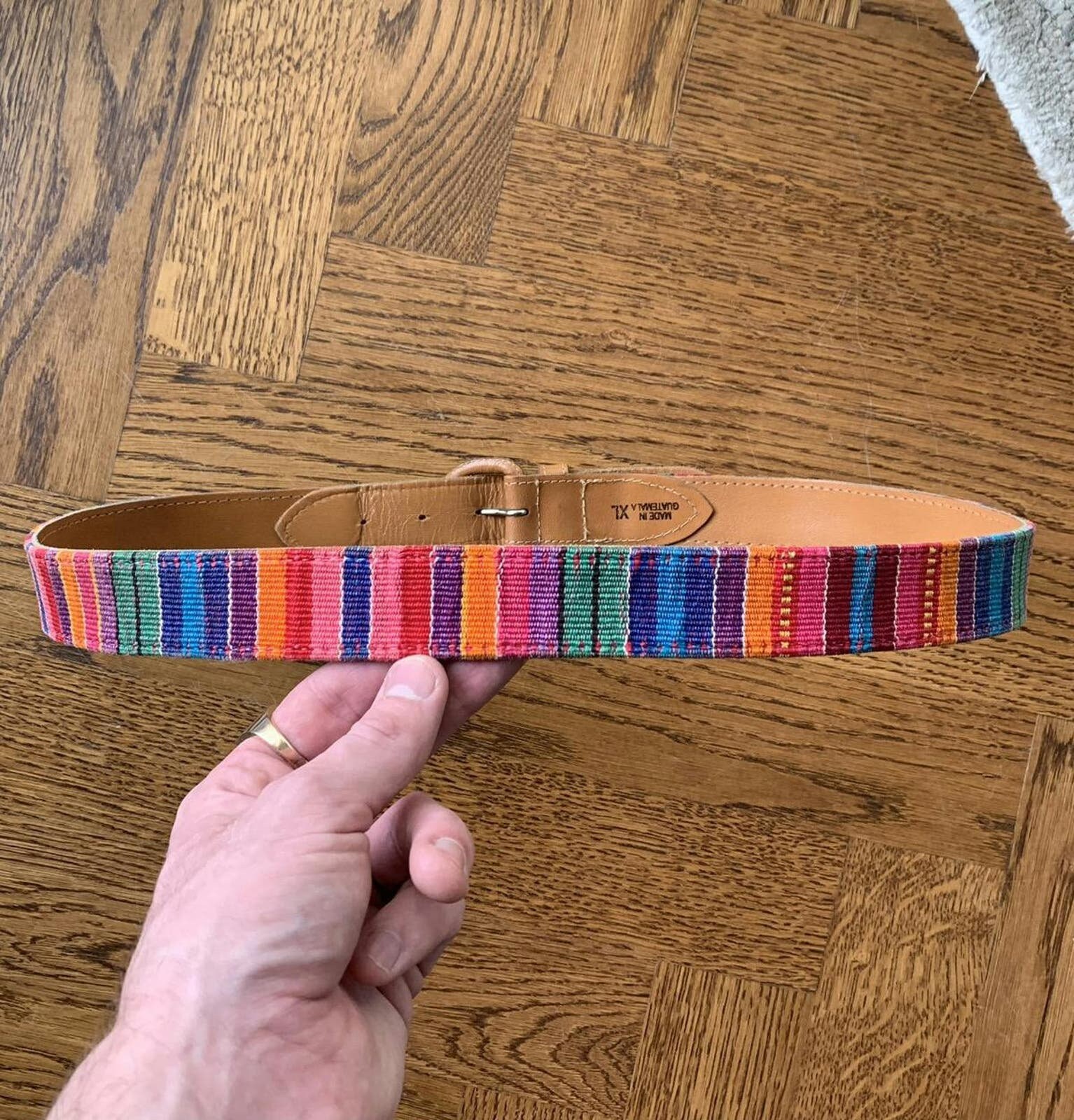Vintage 90s Woven Rainbow Belt Leather Trim Guatemala Boho Festival Multi Color Vintage 80s 90s GUATEMALA Multicolor Rainbow LEATHER Woven  main image 3