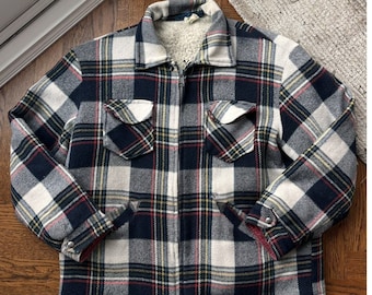 Vintage Plaid Jacket Flannel Work Coat Winter Sherpa Fleece Vintage Work Jacket Checker Plaid Sherpa Fleece Lined Deep Pile Polar Barn Coat