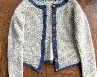 Cardigan en tricot vintage, PEI, laine et cachemire, Cardigan vintage boutonné à encolure dégagée, grosse maille fait main, fait main