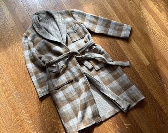 Vintage House Coat Brown Plaid Parka Trench Wool Smoking Jacket Tartan Checker Robe Belted Shawl Collar Playboy Real Cool 70s 80s 90s VNTG