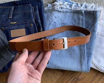 80s Vintage Century Canada Brown Leather Belt Chrome Silver 1980s Vintage Belts Used True Vintage Clothing Waist Metal Buckle USA 60s 70s 80