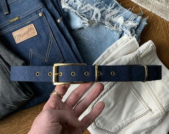 1970s Belt 80s Vintage Waist Blue Fabric Gold Brass Buckle M Made in Canada True Vintage Mens Womens Unique Rare Cool Belt Belts 80s