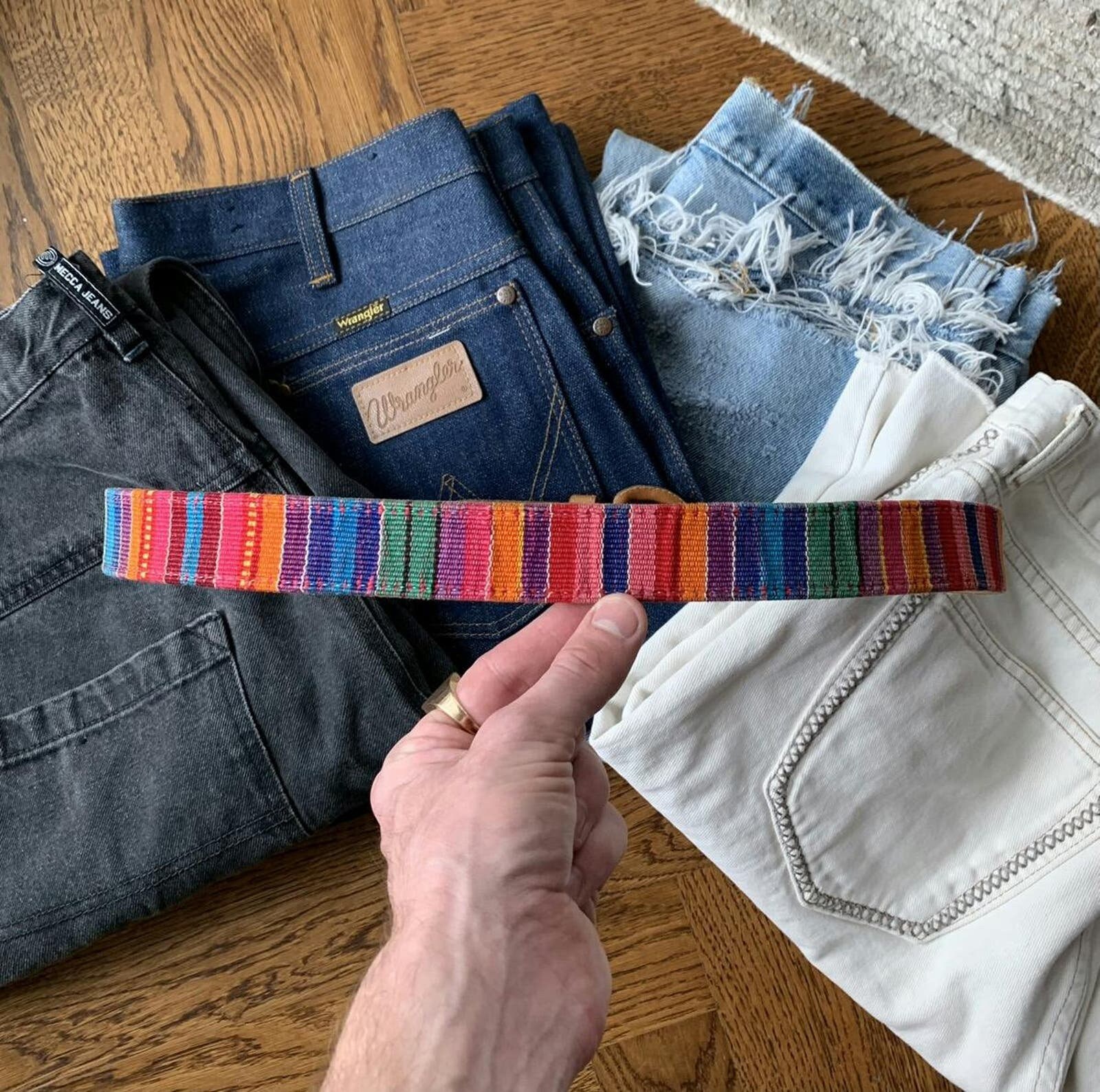 90s Vintage Guatemala Fabric Belt Hippy Boho Rainbow XL USA 