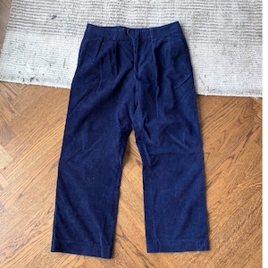 May include: A pair of dark blue corduroy trousers with a wide leg.