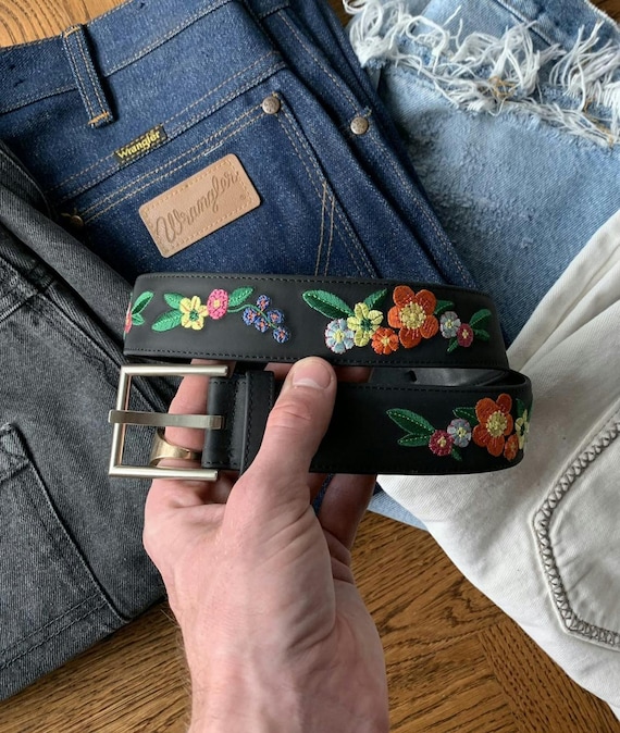 Kenzo Vegan Leather Belt Floral Embroidered Small 