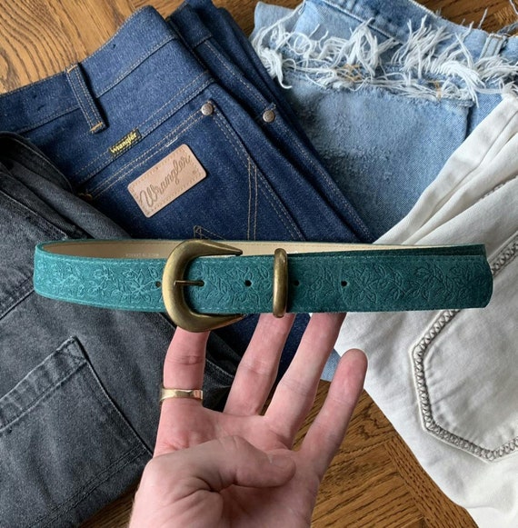 Vintage Teal Suede Leather Belt with Brass Studs 1970s Teal Suede Western Belt Vintage Tooled Leather Floral  main image 2
