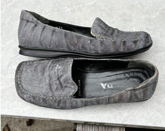 1990s Prada Pony Hair Loafers Vintage Square Toe Fur Womens Vintage Prada Loafers Astrakahn Lambskin Sheepskin Pony Hair Leather Fuzzy