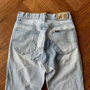Vintage Lee Rider Jeans 1970er Jahre Vintage Patchwork Denim Jeans Made in USA 70er Jahre Thrashed Lee Denim Damen Patchwork Bode repariert Boro 27x31
