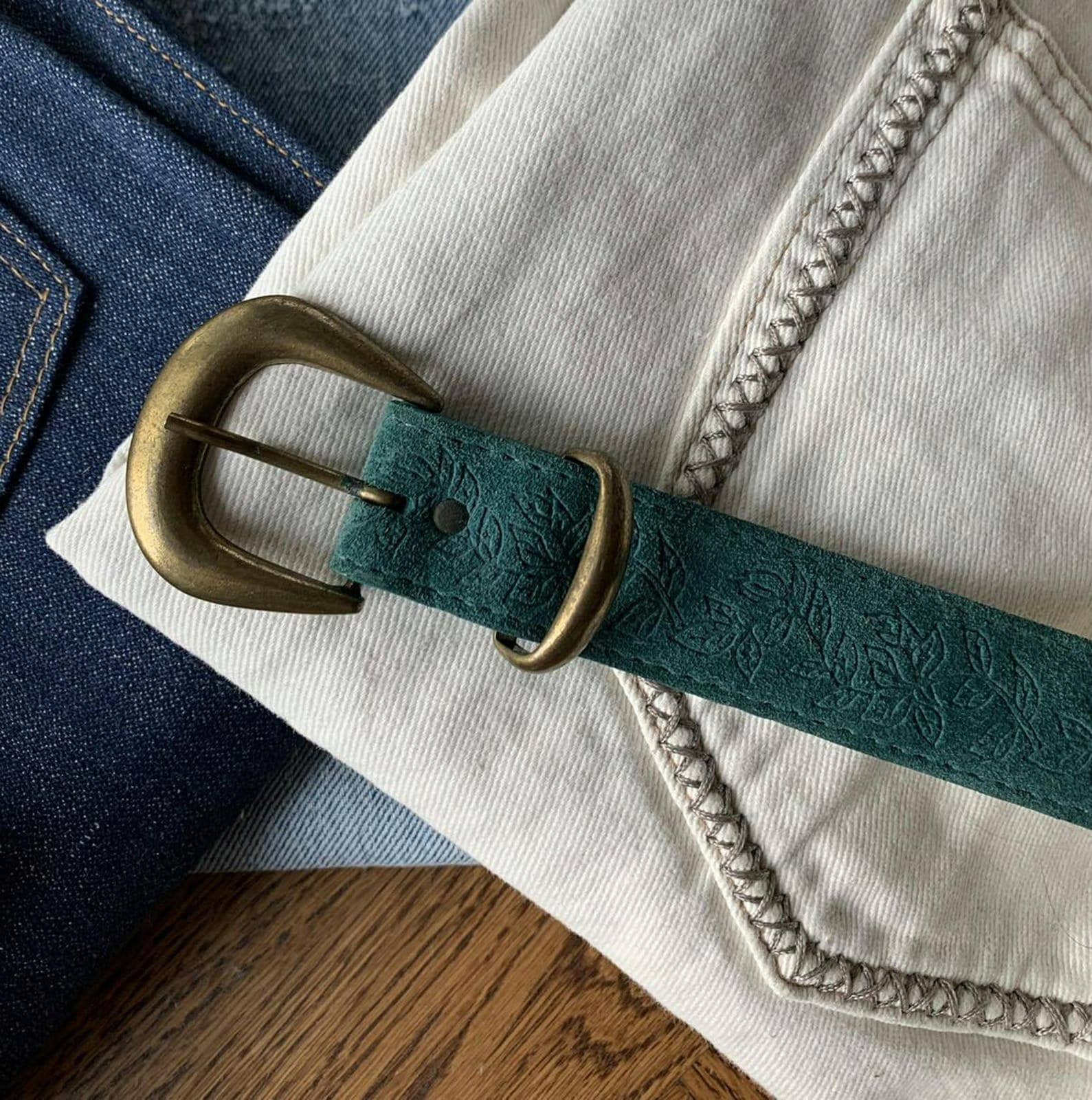 1970s Teal Suede Western Belt Vintage Tooled Leather Floral 