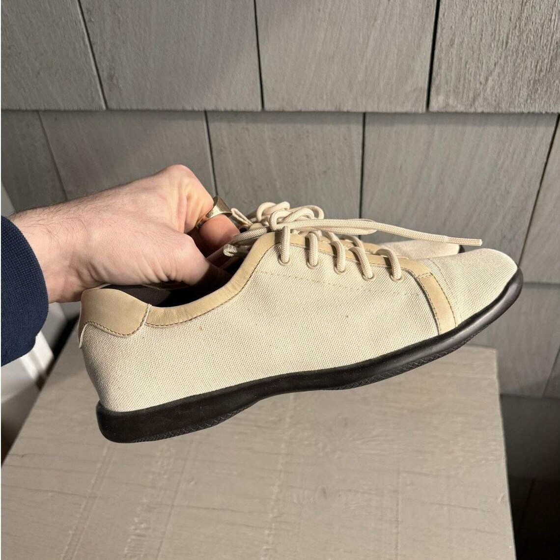 S/S 2000 Prada Sport Sneakers Vintage Prada Square Toe Sport Shoes Beige Canvas 90s 3864 Womens Size 7 Lace Up 1990s Red Line Rare Sporty, foto 2 di 5