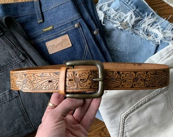 Vintage Tooled Leather Belt Boho Hippie 70s USA Floral Mens Pewter Silver Chrome Metal Buckle 1970s True Vintage Leather Belt Belts Mens USA