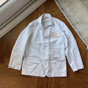 2000s Lab Coat Vintage Auto Chore Work Jacket Laboratory Men Vintage Lab Coat Car Worker White Snap Button Blazer Long Mid Length Used Cloth