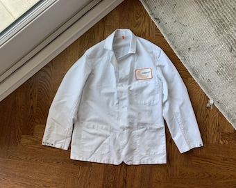 2000s Lab Coat Vintage Auto Chore Work Jacket Laboratory Men Vintage Lab Coat Car Worker White Snap Button Blazer Long Mid Length Used Cloth