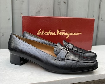 Vintage Salvatore Ferragamo Boutique Leather Square Toe Vintage Ferragamo Heels Designer Vintage Leather Kitten Heels Crocodile Alligator