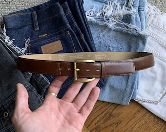 Vintage Brown Leather Belt Canada Brass Buckle Country Squire 1970s 70s Sears Montgomery Ward USA True Vintage 60s Belt Belts Mens Womens