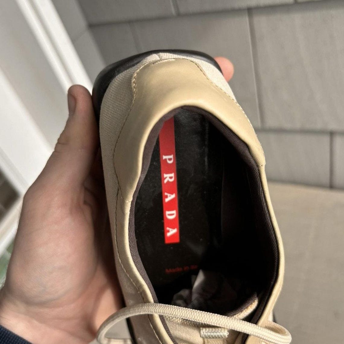 S/S 2000 Prada Sport Sneakers Vintage Prada Square Toe Sport Shoes Beige Canvas 90s 3864 Womens Size 7 Lace Up 1990s Red Line Rare Sporty, foto 4 di 5
