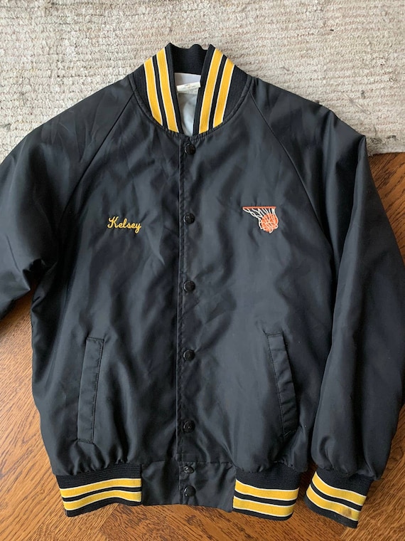80s Vintage Black Nylon Varsity Jacket Baskeball USA Large 80s Vintage Black Nylon Varsity Jacket Baskeball USA Large