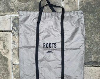 Vintage Roots Oversized Tote Bag Nylon Grocery Sack Slate Roots Canada 2000s 1990s Drawstring Metallic Shopping Bag Y2K