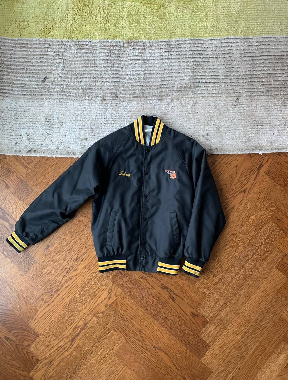 80s Vintage Black Nylon Varsity Jacket Baskeball USA Large 80s Vintage Black Nylon Varsity Jacket Baskeball USA Large