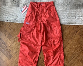 2000s Vintage Red Cargo Pants Y2K 1990s UFO Brand Nylon Poly Pocket 30 Raver Nylon Cargos Adjustable Drawstring 90s JNCO MacGear Pipes Baggy