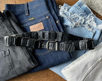 90s Vintage Braided Leather Belt Italy Link Pirate Silver 2000s 1990s Black Leather Belts Vintage Belt Woven Pirate Costume Used Clothing