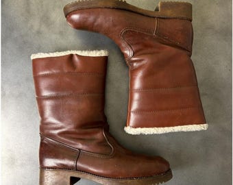 Botas altas vintage canadienses para clima frío con forro de sherpa de los años 70, fabricadas en Canadá, botas con suela dentada de cuero sintético de PVC y piel de oveja marrón