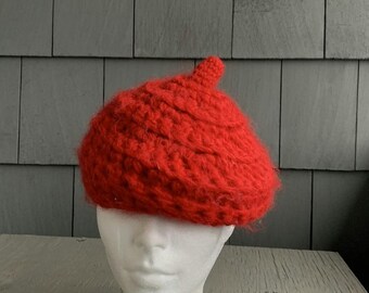 Vintage Fuzzy Soft Red Beret Mohair Wool Chunky Knit Hat Cap Vintage Beret Mohair Hat Nipple Boob Hat Hand Made Homemade Hairy French Hat