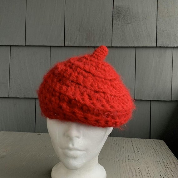 Vintage Fuzzy Soft Red Beret Mohair Wool Chunky Knit Hat Cap 
