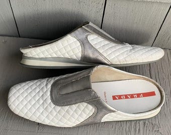 2000s Prada Sport Mules Y2K Vintage Quilted Slipon Sneaker Vintage Prada Sport Sneakers Slip On White 2000s 1990s Vintage Designer Womens